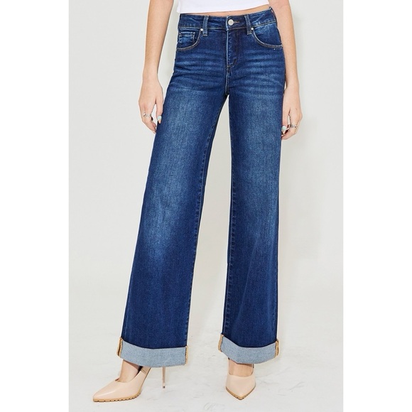 RISEN Tummy Control High Rise Wide Leg Cuffed Jeans – Dark Wash - Picture 1 of 7